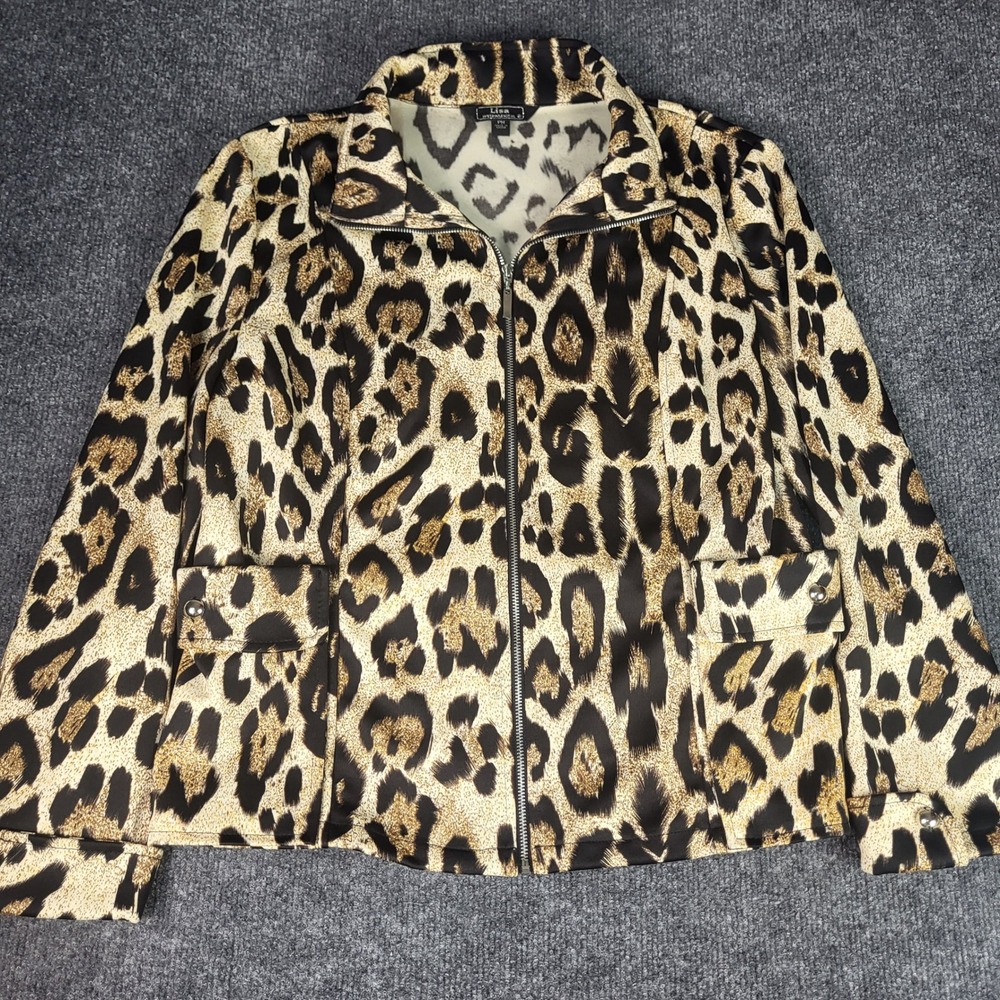 Lisa International Leopard Print Full Zip Jacket Womens PM Petite Medium Brown